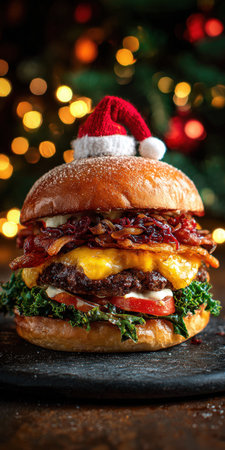 Gourmet cheeseburger with bacon, melted cheese and fresh toppings wearing a tiny santa hat against a festive bokeh Christmas tree, evoking holiday indulgence and comfortの素材