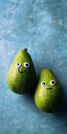 Two anthropomorphic whole avocados with googly eyes and drawn smiles creating a humorous and cute food concept, representing healthy eating, a couple, friends, or a familyの素材