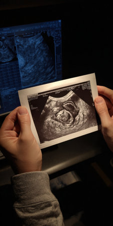 Hands holding an ultrasound printout revealing a developing fetus, symbolizing new life, hope, and the anticipation of parenthood with medical technology in the backgroundの素材