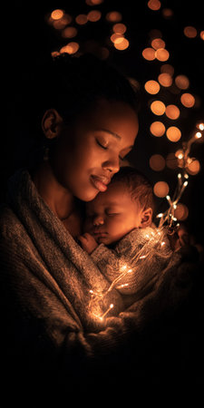 Black mother lovingly embracing her sleeping newborn baby, wrapped in a cozy blanket with warm string lights creating a comforting, intimate, and tender momentの素材