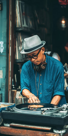 Man in fedora and glasses with headphones around his neck spins vinyl on a turntable at an outdoor market, mixing and scratching records with focused style and energyの素材
