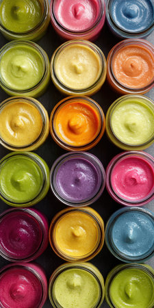 Homemade colorful baby food purees in glass jars, top view array of vibrant fruit and vegetable blends showcasing nutritious, fresh, organic first foods for weaning and snacksの素材