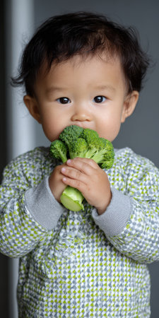 Asian baby holding and eating a large florete of fresh green broccoli, promoting healthy eating habits and childhood nutrition in a vertical compositionの素材