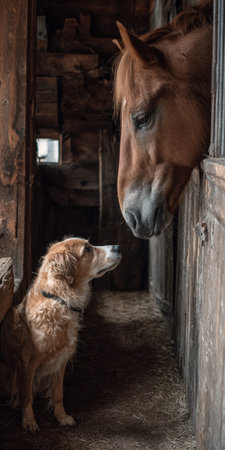 Golden retriever dog sitting in a rustic wooden barn looking up at a brown horse peeking over its stall door, showing interspecies animal connection and companionshipの素材