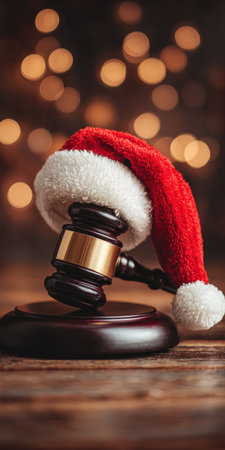 Judge's wooden gavel topped with a red santa hat on a table, blending courtroom authority with festive Christmas spirit and holiday legal symbolismの素材