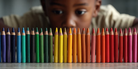 Young boy looking intently at a vibrant spectrum of standing colored pencils, representing a concept of childhood creativity, learning, and artistic explorationの素材