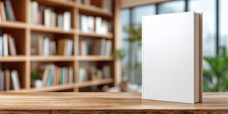 Blank book with copy space standing on a wooden table, offering a customizable template for covers in a blurred library or bookstore setting with bookshelvesの素材