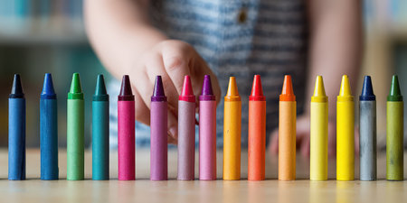 Child's hand reaching for a purple crayon from a closely lined row of vibrant pencils, symbolizing creativity, choice, and artistic expression in early education and childhood developmentの素材