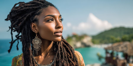 Black woman with dreadlocks and intricate jewelry looking thoughtfully towards the turquoise ocean and lush green hills under a clear blue sky, capturing a moment of serenity and contemplationの素材