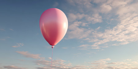 Pink balloon floating against a tranquil blue sky with soft white clouds, evoking freedom, celebration, childhood joy, hope, and lightness with ample copy spaceの素材