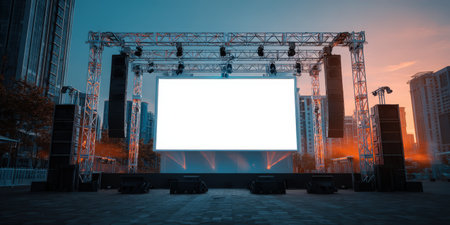 Large outdoor music or event stage featuring sound equipment, truss structure, and a blank led screen for content display against a city skyline at sunsetの素材