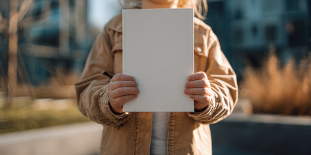 Hands holding a blank white book cover outdoors, sunlit street urban scene offering a clean mockup for branding, editorial, marketing or educational design with copy spaceの素材