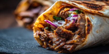 Doner kebab wrap with sliced grilled meat, red onion, parsley and sauce in warm pita, close-up studio shot of popular street food ready to eat for lunch or dinnerの素材