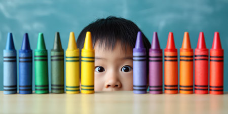 Little child peeking over a row of bright crayons, eyes wide with curiosity and wonder in a playful early education setting, colorful and imaginative momentの素材