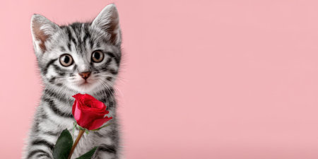 Cute gray tabby kitten holding a single red rose, offering love and warmth on a soft pink background with copy space, symbolizing affection, pet adoration, and romantic feelingsの素材