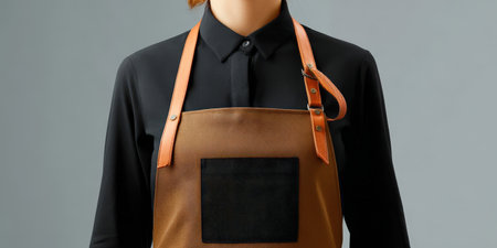 Person wearing a stylish brown canvas apron with adjustable leather straps and a black pocket, representing craftsmanship, service, and professional work attireの素材
