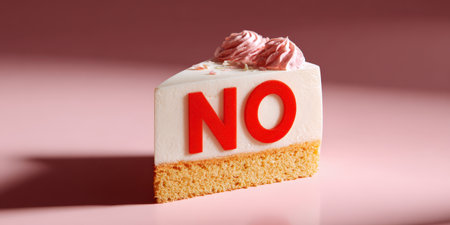 Slice of cake with frosting left untouched on pink background, symbolizing saying no to dessert, willpower, healthy lifestyle, dieting and resisting temptationの素材