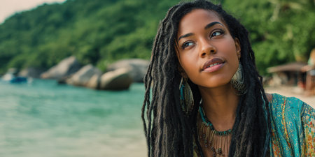 Young woman with dreadlocks and bohemian jewelry standing on a tropical beach, looking up with a thoughtful expression, enjoying moments of contemplation and serenity by the clear turquoise oceanの素材