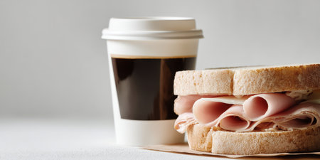 Ham and cheese sandwich with toasted bread beside a disposable paper coffee cup, grab-and-go breakfast or lunch option for a quick, convenient meal break or snack on the goの素材