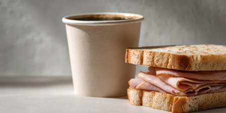 Takeaway coffee in a disposable cup next to a simple ham sandwich, creating a convenient and common breakfast or quick lunch meal on a basic white background in natural lightの素材