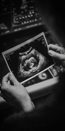 Hands hold a printed ultrasound scan revealing a developing fetus, symbolizing new life, pregnancy, and medical care in a black and white presentationの素材