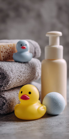 Babies and children enjoying a fun bath time with essential hygiene products, including two rubber ducks, towels, a sponge, a bath bomb, and body lotion, promoting cleanliness and self-careの素材