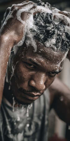 Young black man washing dreadlocked hair in shower, creating rich lather and bubbles in a close-up vertical view that conveys refreshing daily grooming and self-careの素材