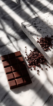 Delicious dark chocolate bar resting on a white marble surface next to a pile of crunchy cocoa nibs, illuminated by natural sunlight creating striking shadowsの素材