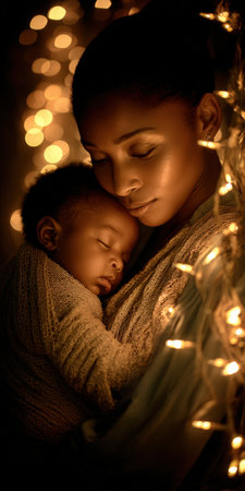 Mother tenderly holding her peaceful baby in a loving embrace, surrounded by soft warm bokeh lights, representing comfort, security, and maternal bond in a dark, intimate settingの素材