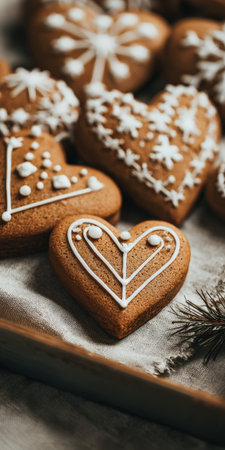 Heart-shaped gingerbread cookies showcasing intricate white icing patterns, resting on a rustic linen cloth with a touch of pine, symbolizing festive cheer and homemade holiday traditionsの素材