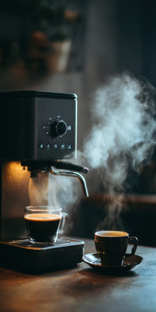 Espresso machine brewing a hot coffee into a glass cup, with another steaming cup on the table, creating a cozy and inviting morning atmosphere with rich aroma and warmthの素材