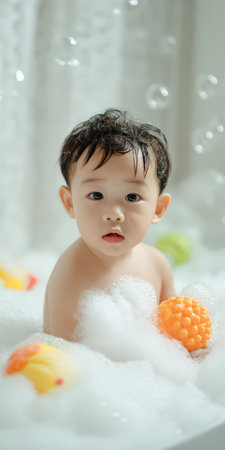 Baby sitting in bathtub playing with bath toys and covered in white foam bubbles, looking directly at the camera with a curious expression during their daily hygiene routineの素材