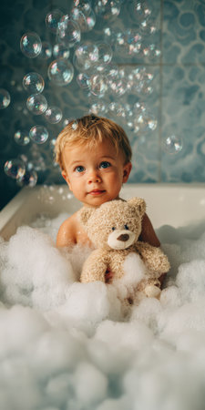 Blonde blue-eyed baby sits in a bubbly bathtub clutching a small brown teddy bear as soap bubbles float around, playful and joyful during bath time routineの素材