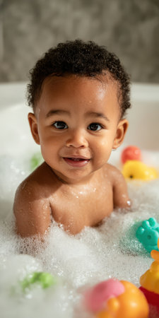 Cute african american baby boy standing in a bathtub filled with bubbles and colorful toys, smiling directly at the camera while experiencing happy playtime and cleanlinessの素材