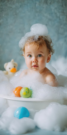 Cute baby with sparkling blue eyes looking directly at the camera while happily playing in a white bathtub filled with rich soap bubbles and colorful bath toysの素材