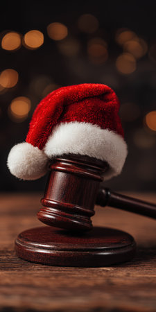Wooden judge's gavel wearing a santa hat, merging law and festive cheer to symbolize justice, courtroom tradition and holiday spirit against a soft bokeh backgroundの素材