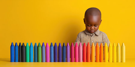 Young african child looking down at a row of vibrant rainbow crayons, representing creativity, education, and artistic learning against a bright yellow backgroundの素材
