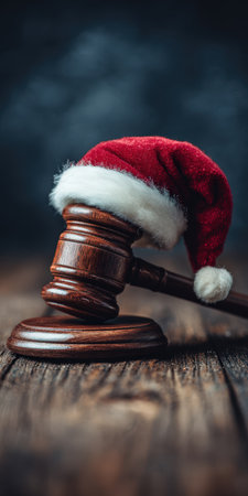 Gavel wearing a santa hat on a rustic wooden table symbolizing holiday law, justice and legal decisions during the Christmas season, festive yet solemn still lifeの素材
