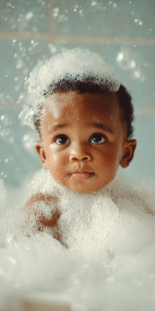 Adorable african american baby in a bubbly bath, looking up with curious eyes amid foam, capturing innocence, playful joy and gentle daily care in warm natural lightの素材