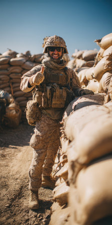 Soldier in desert camouflage and tactical gear with helmet and sunglasses smiles and gives thumbs up from sandbag outpost under a clear blue sky, conveying confidence and resilienceの素材