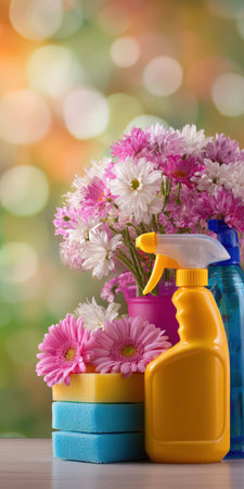 Spring cleaning setup featuring vibrant flowers, spray bottles, and sponges on a wooden surface, depicting freshness and domestic tasks against a bokeh backgroundの素材