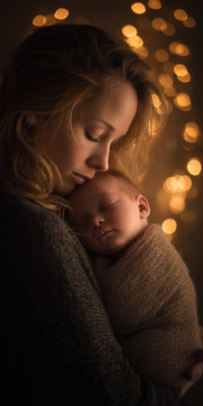 Young mother holding gently her sleeping baby wrapped in a blanket, sharing a moment of tender embrace and deep maternal love against a warm bokeh backgroundの素材