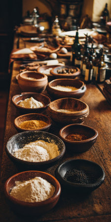 Bowls filled with different natural spices, powders, and ingredients arranged on a rustic wooden table, creating a warm, earthy cooking and preparation sceneの素材
