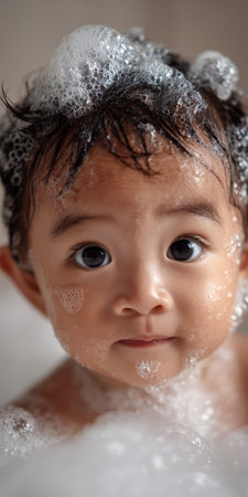 Young baby boy enjoying a fun bubble bath, looking directly towards the camera, with shampoo suds on his dark hair and face, capturing childhood innocence and hygieneの素材