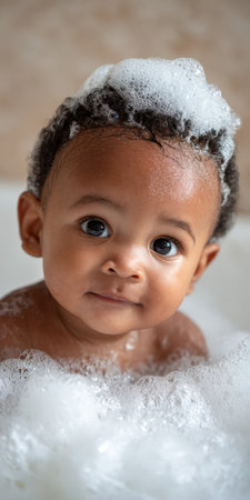Adorable baby boy with dark curly hair looking at the camera, smiling while sitting in a bathtub full of white foam and bubbles during his daily hygiene routineの素材