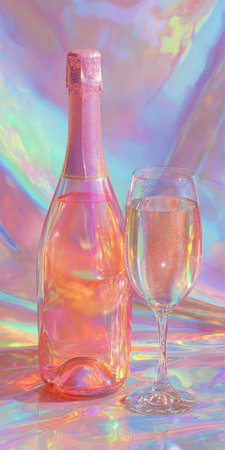 Pink champagne bottle and a glass filled with sparkling bubbly wine reflecting vibrant holographic colors, creating a festive party and celebration aestheticの素材