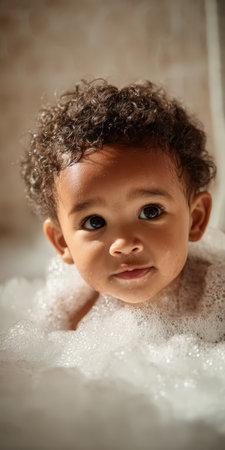 Gentle baby with curly hair and big beautiful eyes having a fun bubble bath, representing childhood, innocence, happiness, and clean hygiene in a warm portraitの素材