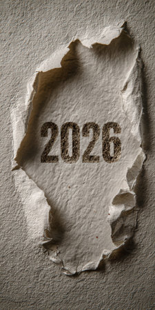 Textured paper ripped open at center to reveal 2026 beneath, symbolizing renewal, anticipation and the passage from old to new with rough, weathered edges and light playの素材
