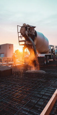 Cement mixer truck pouring concrete into metal rebar grid for a building foundation as workers finish site prep under a vibrant orange sunset sky, construction progress visibleの素材