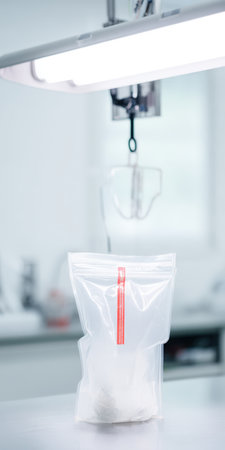 Ziplock bag containing a medical specimen standing on a clean metal table under bright fluorescent light in a modern laboratory, representing health, research, and diagnosticsの素材